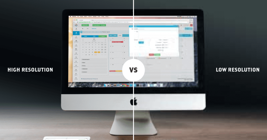 Mac Desktop Sitting On Desk Left Side Showing High Resolution Screen And Right Side Showing Low Resolution Screen