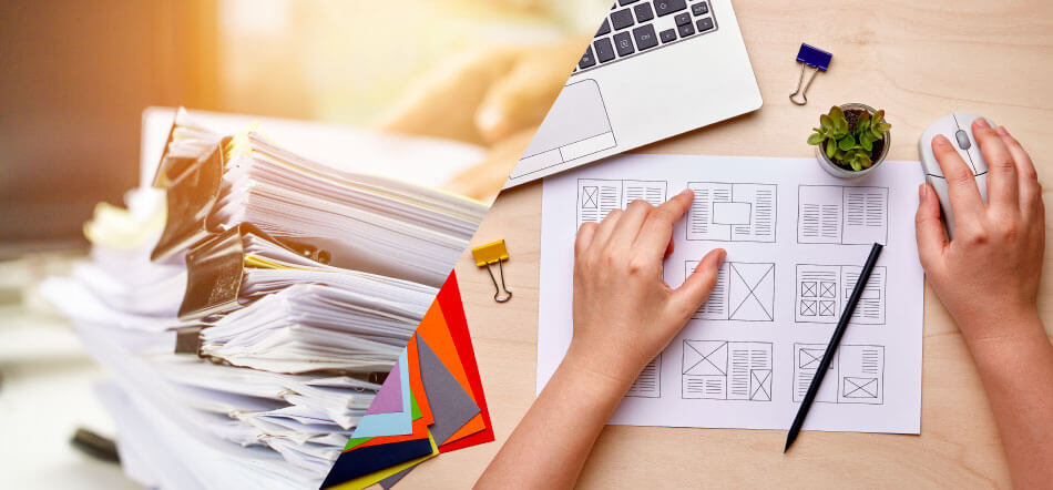 Annual Report Choose The Right Image With Stack Of Papers On Left And Person Writing On Desk On The Right Side