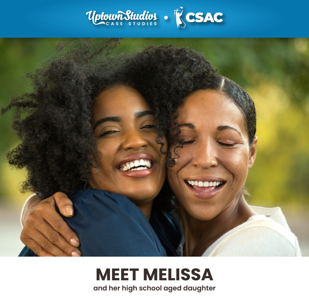 Brand Persona Of Mother And Daughter Hugging Smiling With CSAC And Uptown Studios Logos On Top