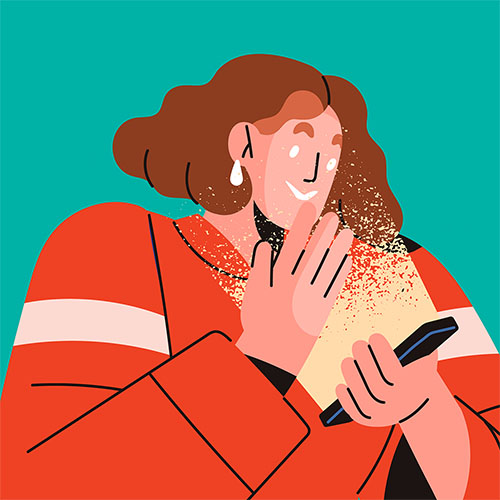 a graphic of a person in an orange sweater looking at brightly lit cell phone screen and smiling